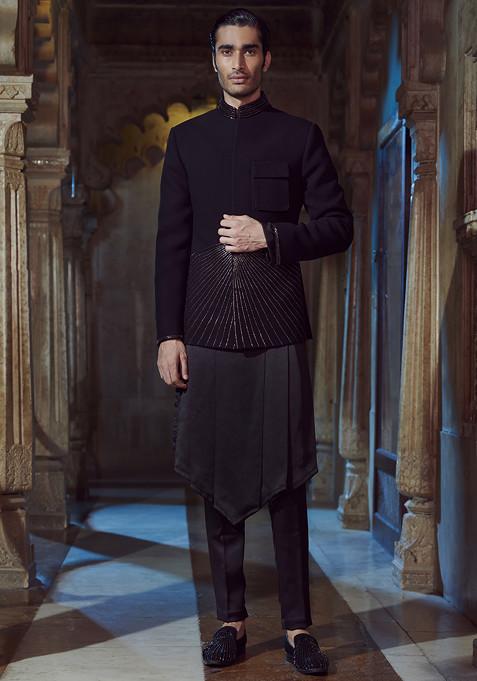 Black Rang Mahal Embroidered Linen Jacket And Kurta Set For Men