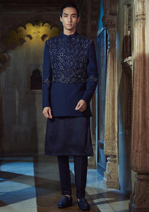 Navy Blue Rang Mahal Embroidered Linen Satin Jacket And Kurta Set For Men