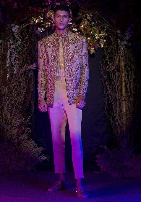 Rust Rang Mahal Embroidered Raw Silk Jacket And Kurta Set For Men