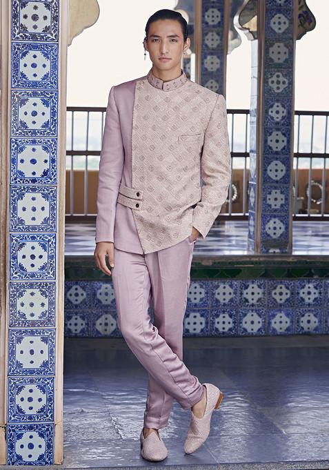 Onion Pink Rang Mahal Embroidered Linen Satin Jacket Set For Men