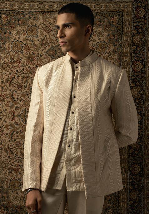 Ivory Jacket Monochrome Embroidered Silk Jacket And Kurta Set For Men