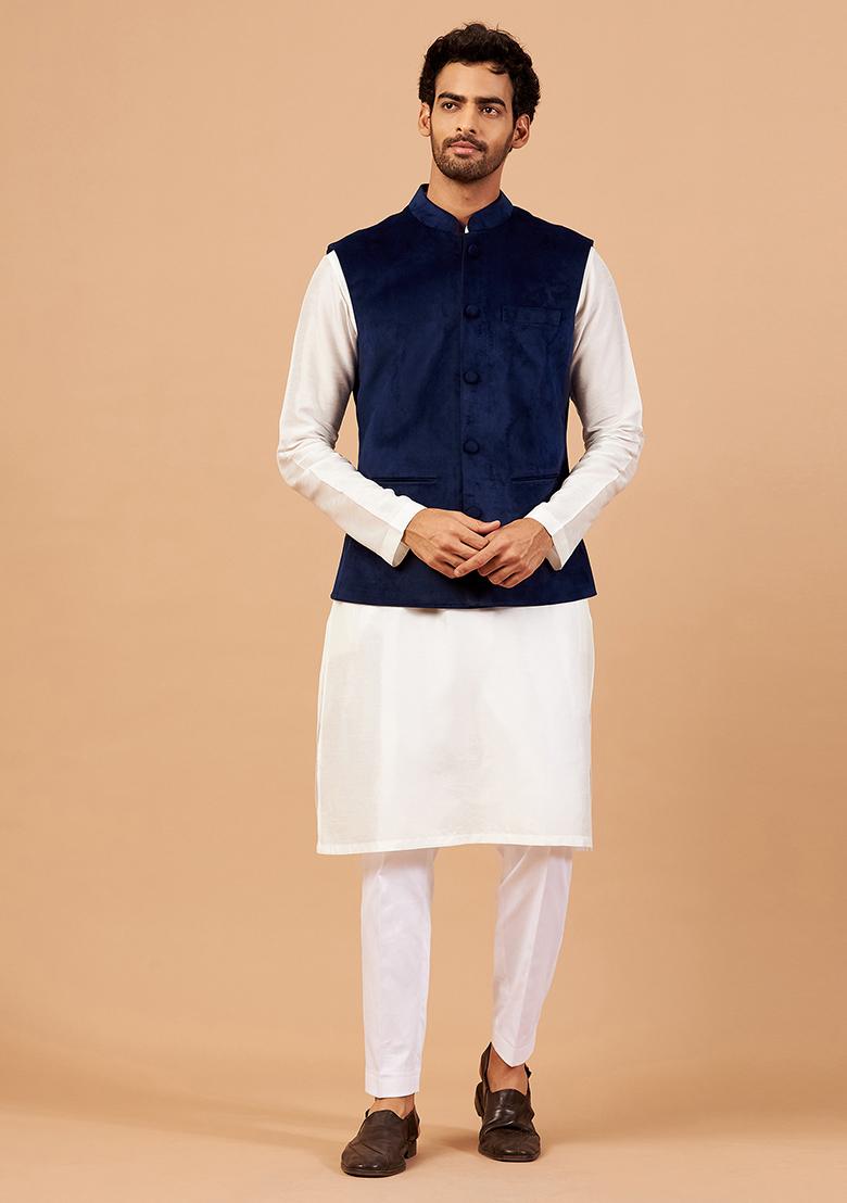 Navy Blue Velvet Nehru Jacket Set For Men