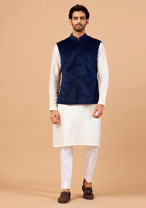 Navy Blue Velvet Nehru Jacket Set For Men