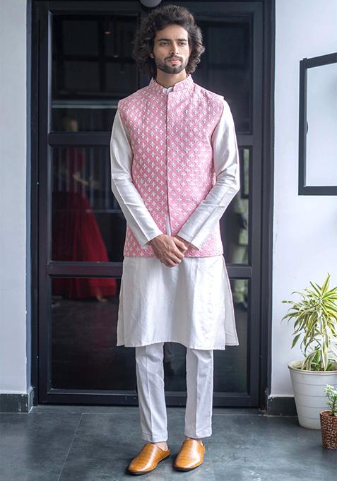 Light Pink Embroidered Nehru Jacket Set For Men