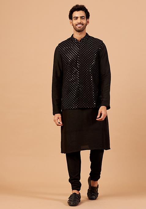 Black Embroidered Nehru Jacket Set For Men