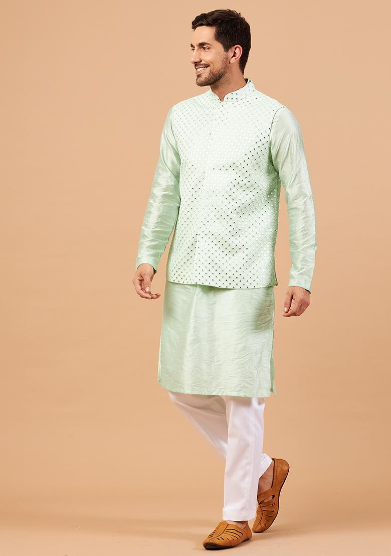Pastel Green Panor Embroidered Nehru Jacket Set For Men