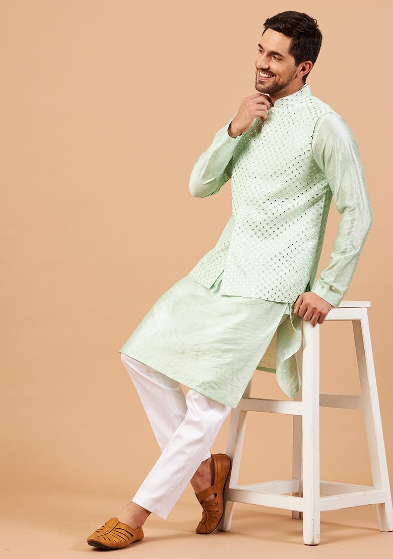 Pastel Green Panor Embroidered Nehru Jacket Set For Men