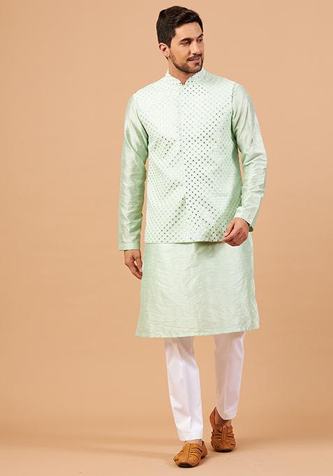 Pastel Green Panor Embroidered Nehru Jacket Set For Men