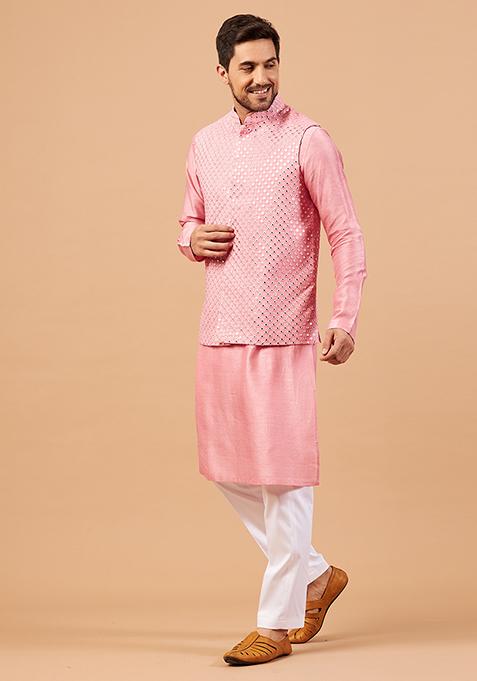 Pink Pinoret Embroidered Nehru Jacket Set For Men