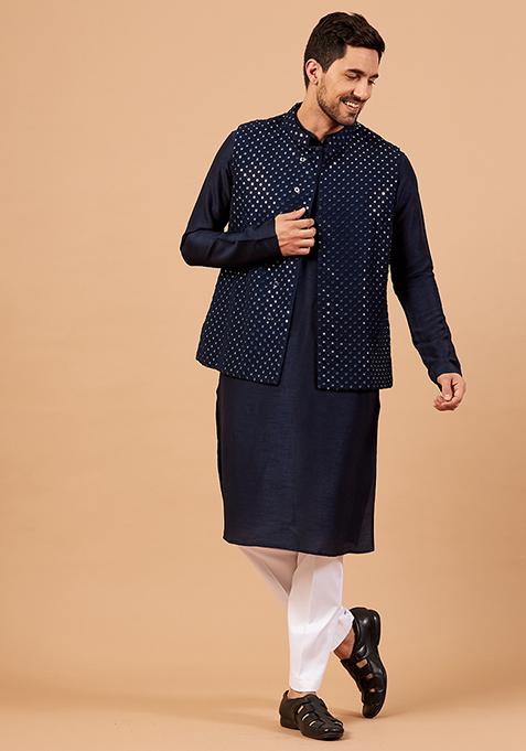 Dark Blue Rolack Embroidered Nehru Jacket Set For Men