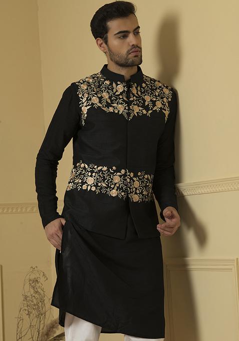 Floral Embroidered Raw Silk Nehru Jacket With Kurta Set For Men