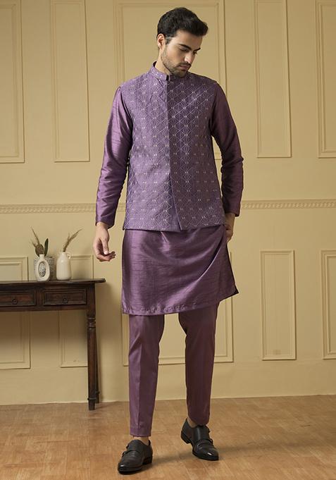 Purple Bee Embroidered Nehru Jacket Set For Men