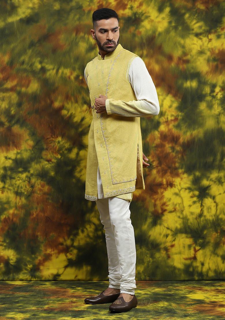 Lemon Yellow Embroidered Kurta And Jacket Set For Men