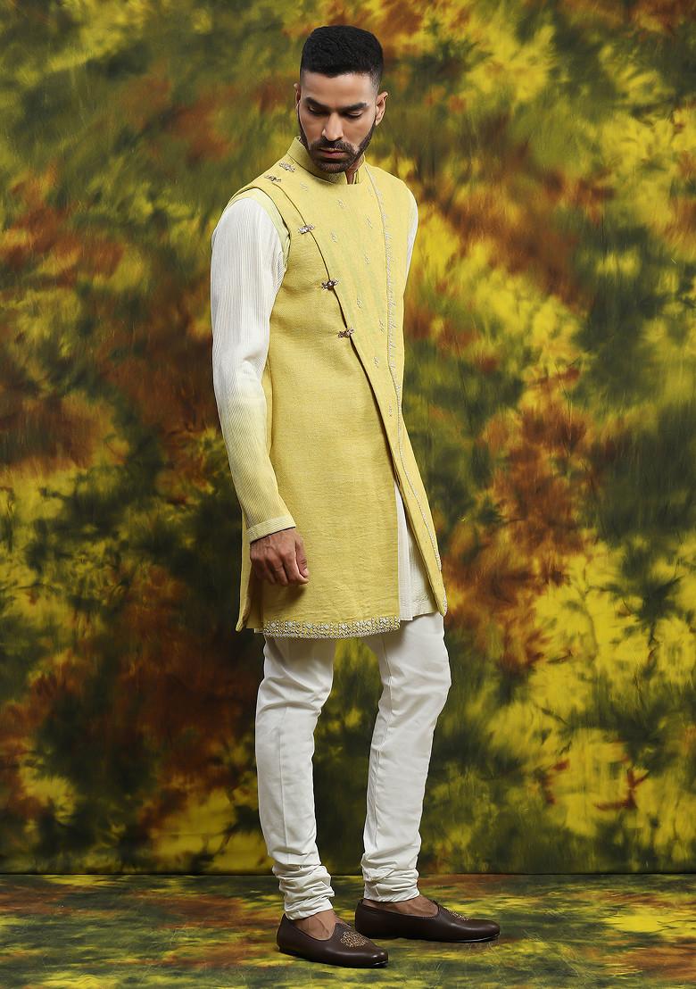 Lemon Yellow Embroidered Kurta And Jacket Set For Men