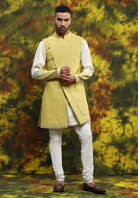 Lemon Yellow Embroidered Kurta And Jacket Set For Men