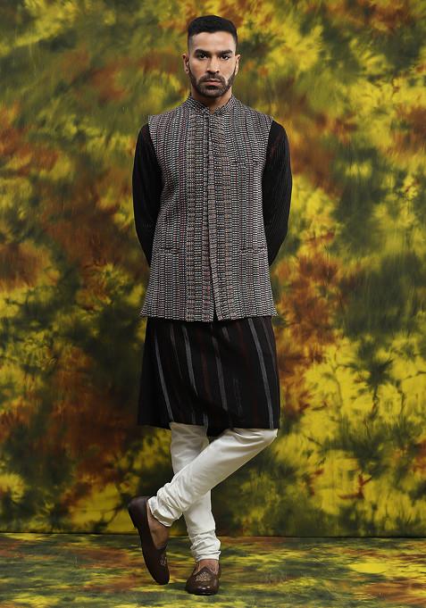 Black Embroidered Kurta And Jacket Set For Men