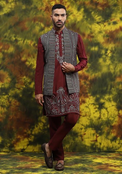 Wine Embroidered Kurta And Jacket Set For Men