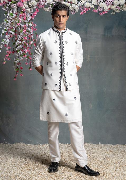 Ivory Embroidered Cotton Silk Nehru Jacket Set For Men