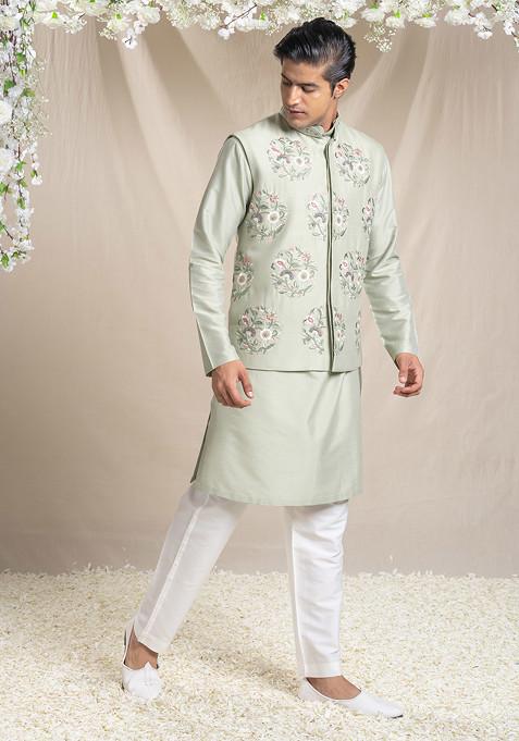 Olive Green Embroidered Cotton Silk Nehru Jacket Set For Men