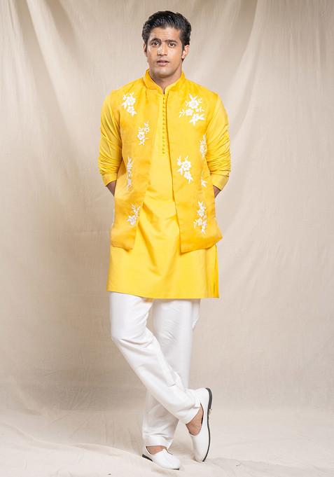 Yellow Embroidered Cotton Silk Nehru Jacket Set For Men