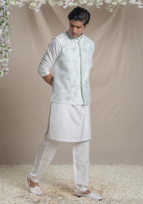 Ice Blue Embroidered Cotton Silk Nehru Jacket Set For Men