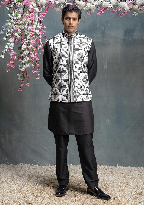 Ivory And Black Embroidered Cotton Silk Nehru Jacket Set For Men