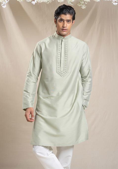 Olive Green Embroidered Cotton Nehru Jacket Set For Men