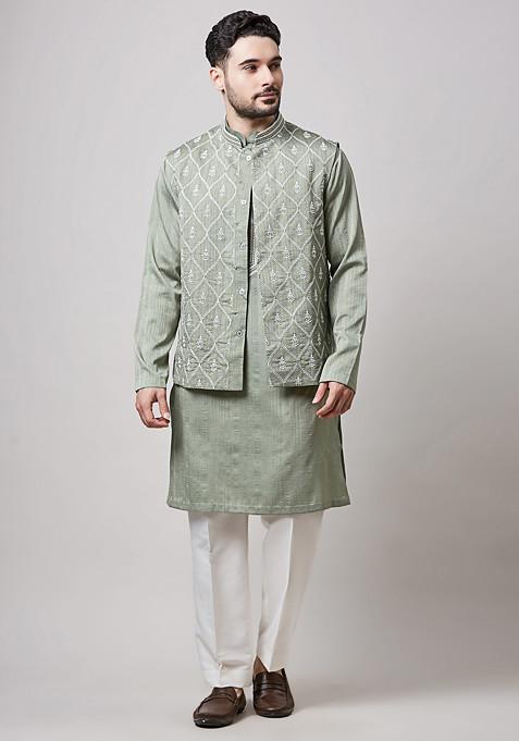 Green Embroidered Kuntal Silk Nehru Jacket Set For Men