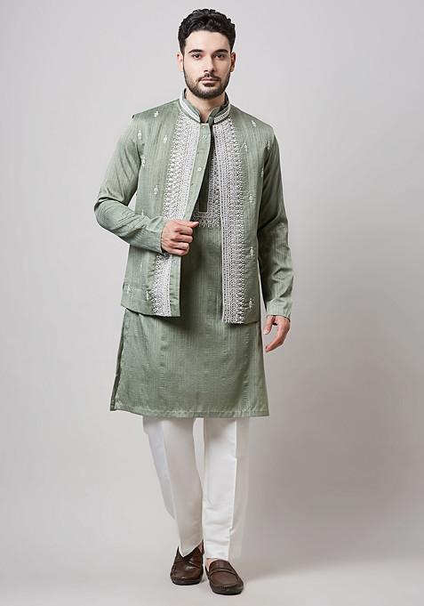 Green Embellished Kuntal Silk Nehru Jacket Set For Men