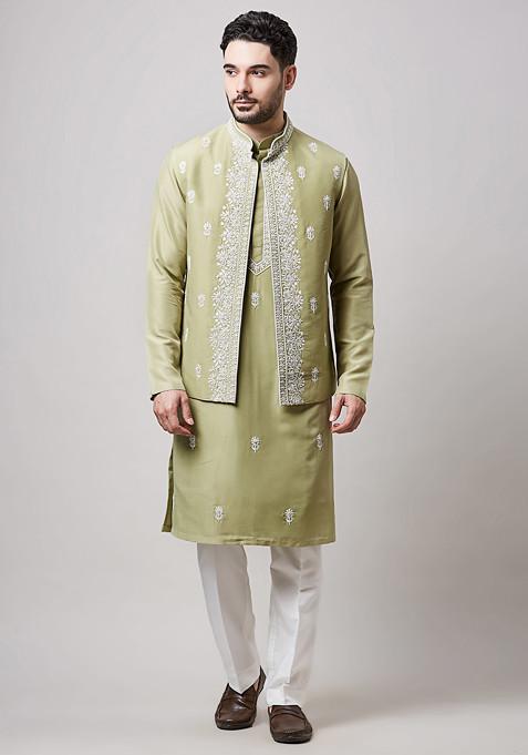 Olive Green Embroidered Nehru Jacket Set For Men