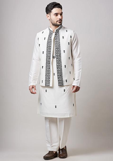 Ivory Embroidered Silk Nehru Jacket Set For Men