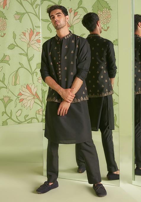 Black Embroidered Cotton Silk Nehru Jacket Set For Men