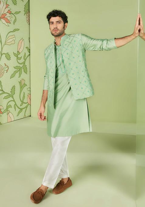 Sage Green Embroidered Cotton Silk Nehru Jacket Set For Men