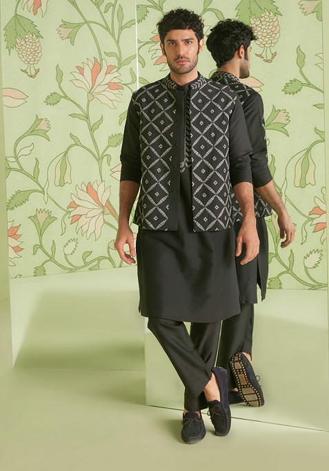 Black Embroidered Cotton Nehru Jacket Set For Men