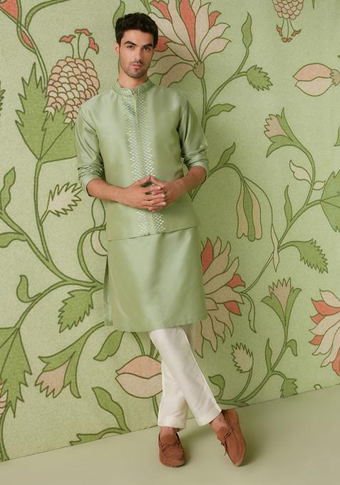 Sheen Green Embroidered Cotton Silk Nehru Jacket Set For Men