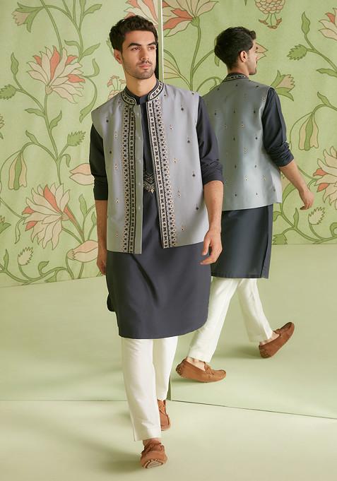 Grey Embroidered Cotton Silk Nehru Jacket Set For Men