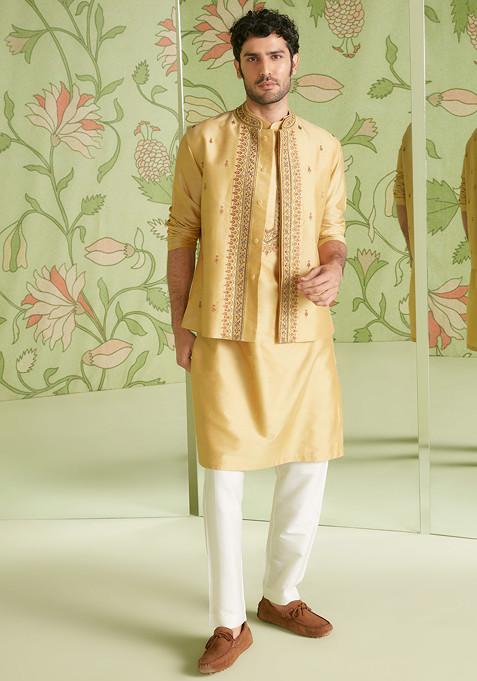 Mustard Embroidered Cotton Nehru Jacket Set For Men