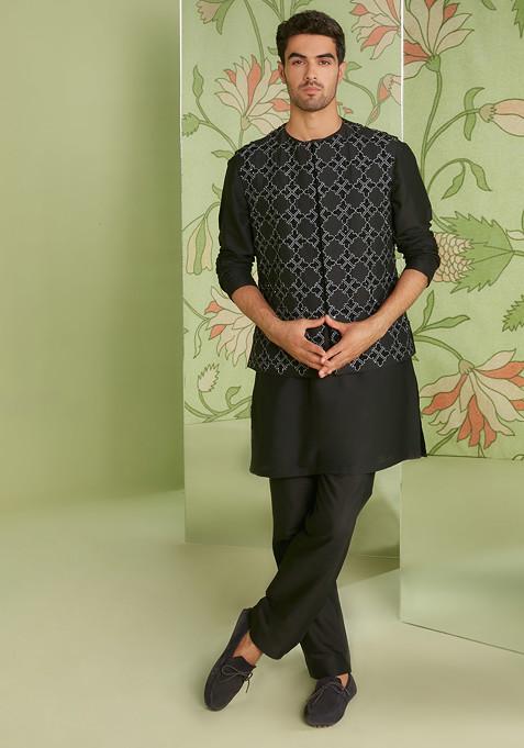 Black Embroidered Nehru Jacket Set For Men