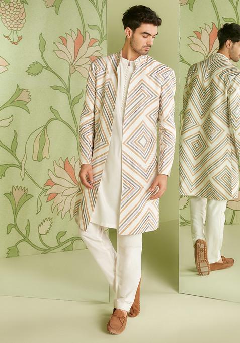 Ivory Embroidered Cotton Jacket Kurta Set For Men