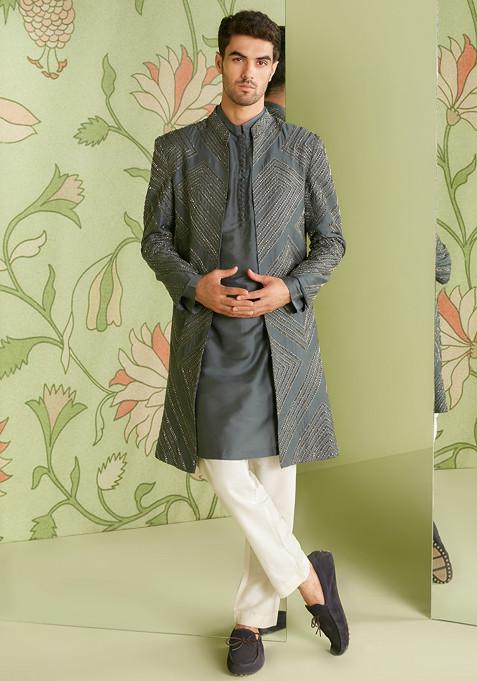 Charcoal Grey Embroidered Cotton Silk Jacket Kurta Set For Men