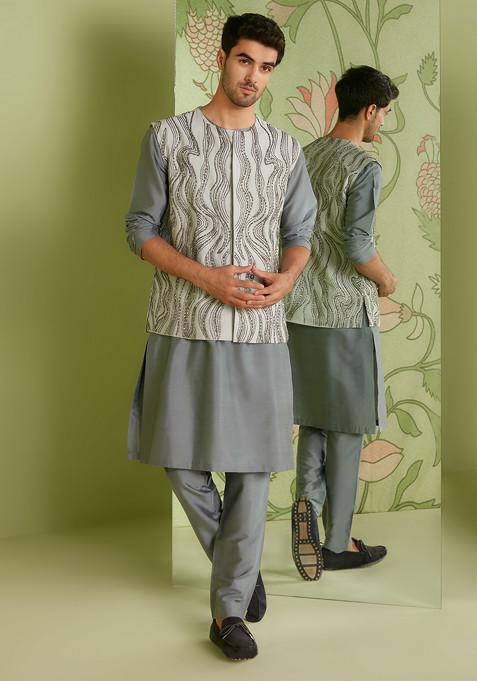 Grey Embroidered Cotton Nehru Jacket Set For Men