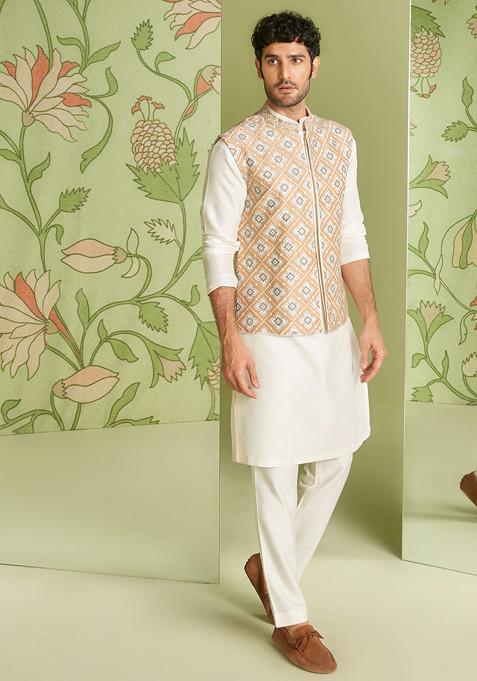 Ivory Embroidered Cotton Nehru Jacket Set For Men