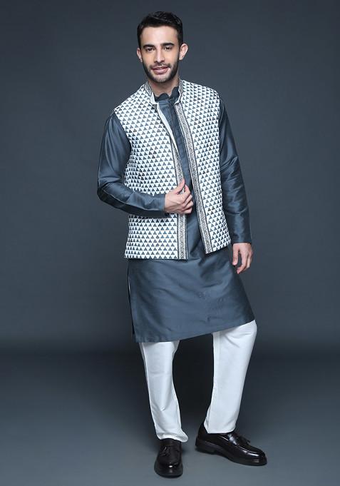 Charcoal Grey Embroidered Nehru Jacket Set For Men