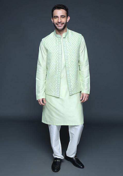 Mint Green Embroidered Cotton Silk Nehru Jacket Set For Men