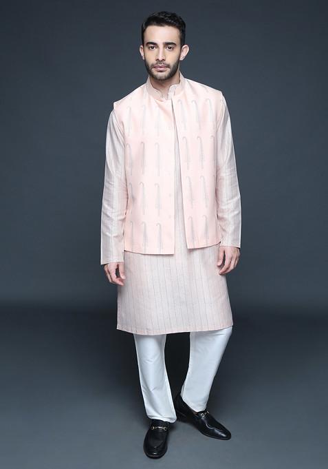 Peach Block Print Cotton Kurta Set For Men