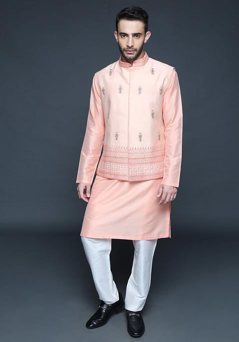 Peach Printed Cotton Silk Nehru Jacket Set For Men