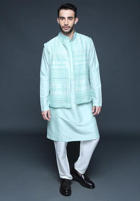 Sea Green Embroidered Cotton Silk Nehru Jacket Set For Men