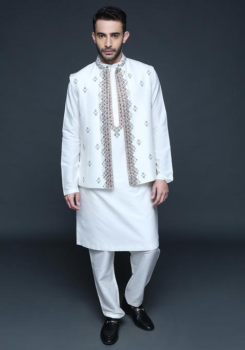 Ivory Embroidered Cotton Nehru Jacket Set For Men For Men