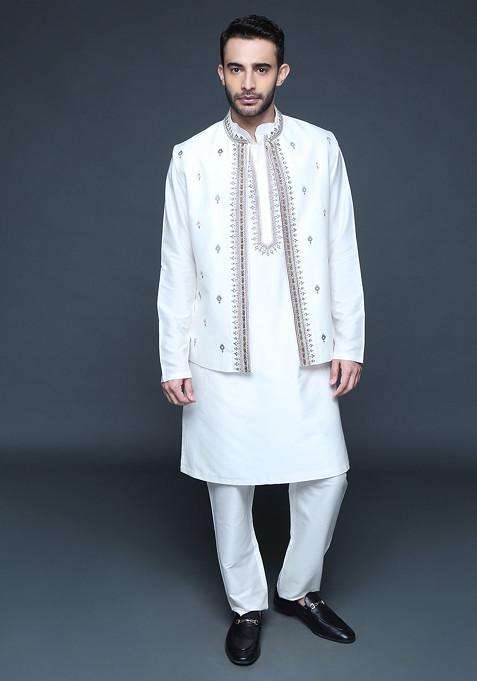 Ivory Embroidered Silk Nehru Jacket Set For Men