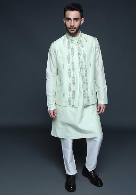 Mint Green Embroidered Cotton Nehru Jacket Set For Men